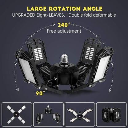 2 Pack LED Garage Light,Super Bright Screw in E26/E27 Ceiling Shop Work Lamp, 200W 20000 Lumen Deformable Basement Bulb Fixture with 8 Adjustable Panels