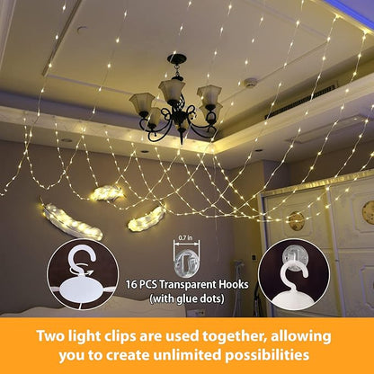 HXWEIYE 300LED Fairy Curtain Lights, 9.8x9.8Ft USB Plug-in 8 Modes Christmas String Hanging Lights with Remote for Bedroom Backdrop Wedding Party Indoor Wall Decor, Warm White, Tangle-Free