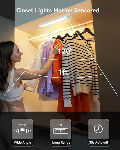 Under Cabinet Lighting 8 Inches Rechargeable Motion Sensor Light Indoor, 3 Color Dimmable Closet Light Battery Operated, USB Stick on LED Magnetic Under Counter Lights for Kitchen Stair, 6 Packs