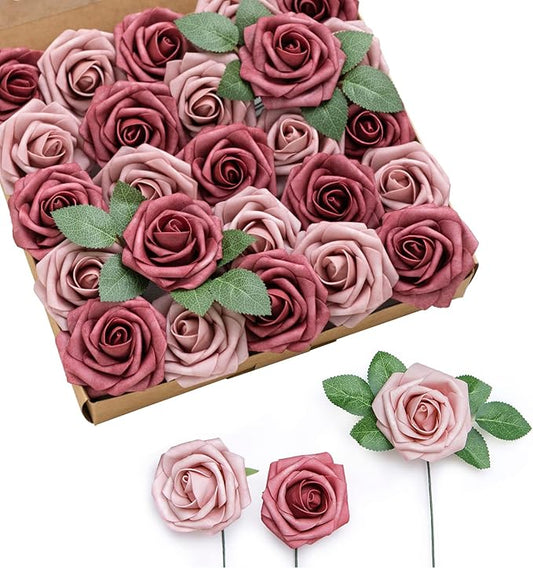 Ling's moment Artificial Flowers 50Pcs Torrid Blush Roses Decor w/Stems,3" Real Touch DIY Foam Floral for Wedding Bouquet/Centerpieces, Outdoors Party Backdrop, Room/Table, and Garden/Pot Decorations