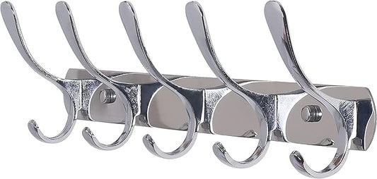 SKOLOO Modern Metal Wall Coat Rack with 5 Hooks, Sturdy Wall Hook Rack for Hanging Jacket, Clothes, Hat, Silver