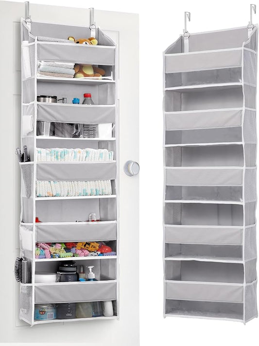ULG 1 Pack Over Door Organizer with 5 Large Pockets 10 Mesh Side Pockets, 44 lbs Weight Capacity Hanging Storage Organizer with Clear Window for Kids Toys, Shoes, Diapers, Grey, 5 Layer