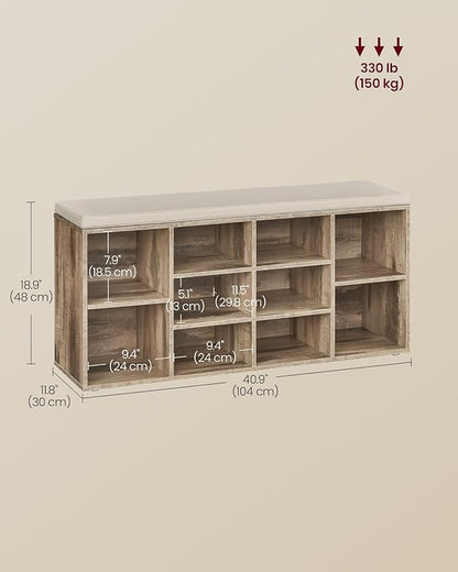 VASAGLE CUSTOS Collection - Shoe Bench, Storage Bench with Padded Seat, Entryway Bench with 10 Compartments, for Bedroom, 11.8 x 40.9 x 18.9 Inches, Camel Brown and Cappuccino Beige ULHS010K02