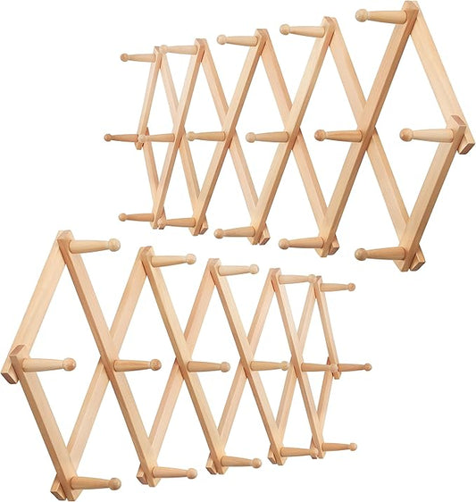 WEBI Accordion Wall Hanger,Expandable Wooden Coat Rack,Accordion Hat Rack for Wall for Hats,Caps,16 Peg Hooks,Natural,2 Packs