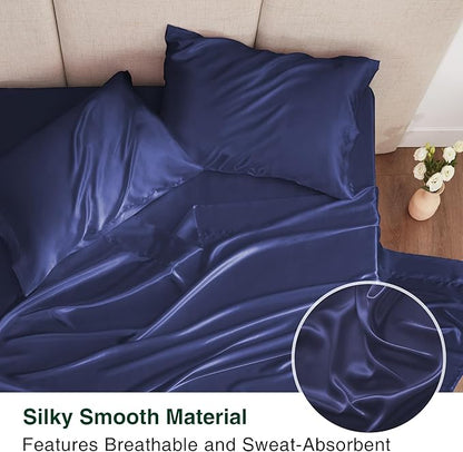 Love's cabin Satin King Sheet Sets - 4 Piece Navy Blue Silky Sheets King Size Bed with Deep Pocket, Luxury Silk Feel King Size Satin Sheet Set (1 Flat Sheet,1 Fitted Sheet,2 Pillow Cases)