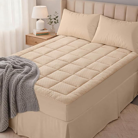 OLANLY Twin Quilted Fitted Mattress Pad – Soft Pillow Top Mattress Topper, Down Alternative Fill, Cooling Comfort Breathable Mattress Cover, Machine Washable Deep Pocket Mattress Protector, Beige