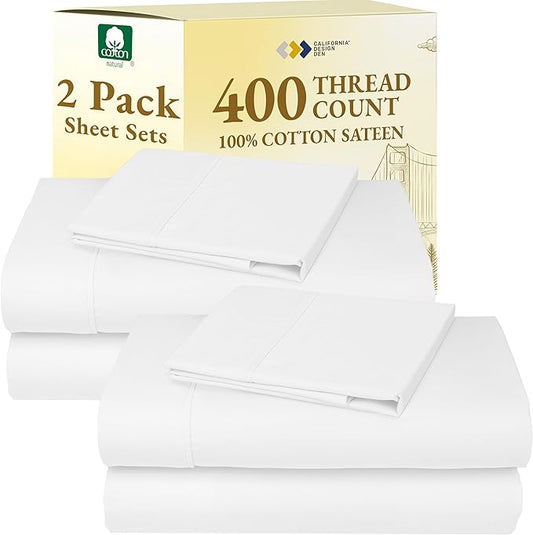 California Design Den 2-Pack Twin XL Sheet Sets 100% Cotton Sateen - 400 Thread Count - Extra Soft, Breathable & Cooling Sheets, Wrinkle Resistant, 2 Sets of Deep Pocket Bed Sheets - Antique White