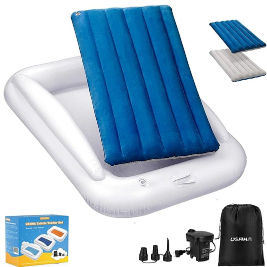 Inflatable Toddler Travel Bed, Portable Toddler Bed | Kids Air Mattress with Sides | Reversible 2 Colors Kids Blow Up Mattress -Navy Blue & Grey