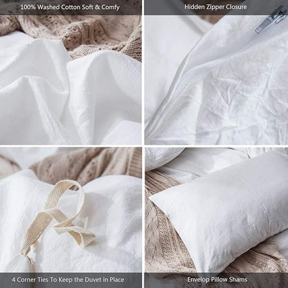 MooMee Bedding Duvet Cover Set 100% Washed Cotton Linen Like Textured Breathable Durable Soft Comfy (Solid Off White, Queen 90"x90")