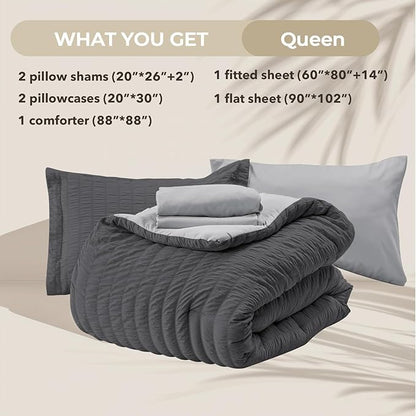 HYMOKEGE Dark Grey/Light Grey Queen Comforter Set Seersucker 7 Pieces, All Season Luxury Bed in a Bag Queen for Bedroom, Bedding Set with Comforter, Sheets, Pillowcases & Shams