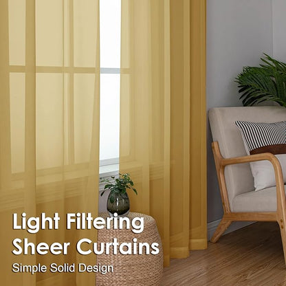 OVZME Gold Sheer Curtains 96 Inches Long 2 Panels - Soft Light Filtering Window Sheer Panels for Living Room/Bedroom, Top Dual Rod Pocket, 1 Pair, Each 42Wx96L Inches