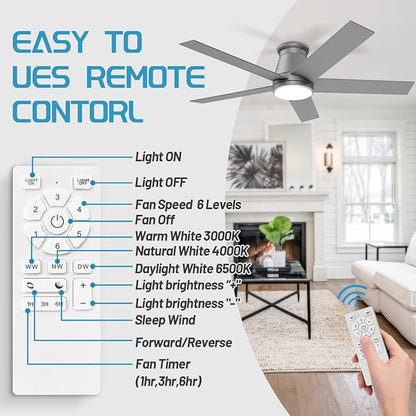 wurzee 60 Inch Flush Mount Ceiling Fan, Matte Silver Low Profile Fan Reversible DC Motors, Dimmable, Timer, Noiseless, Ceiling Fan for Indoor & Outdoor Bedrooms, Living Rooms