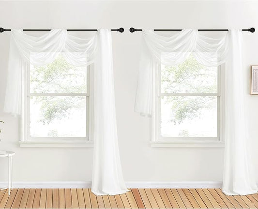 NICETOWN Sheer Textured Scarf Valances for Windows, 216" Extra Long Window Dressings for Anniversary/Wedding Design, 60" Wide, 2 Pieces, Off White
