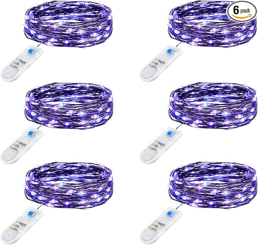 Minetom 6 Pack Purple Fairy Lights Battery Operated with Timer - 7ft 20 LED Waterproof Short Micro Firefly Lights for Halloween Decor, Pumpkin DIY Craft, Paper Lantern Decoration