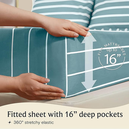 LuxClub 4 PC King Size Sheet Set Bed Sheets, Breathable Luxury Deep Pockets Wrinkle Free Cooling Sheets Machine Washable Hotel Bedding (King, Striped Light Blue)