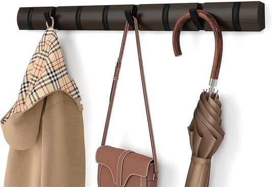 Umbra - Flip Wall-Mounted Coat Rack Rail Hook for Hats, Jackets, Bags and More, Wood, Metal, Black/Walnut