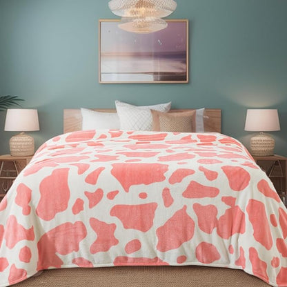Fleece Cow Print Blanket for All Season - Premium Lightweight Anti-Static Pink and Ivory Twin/Twin XL Size Extra Long Blankets,Bedroom Decor 66" x 90"(Pink Cow)