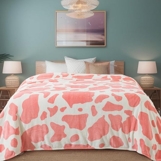 Fleece Cow Print Blanket for All Season - Premium Lightweight Anti-Static Pink and Ivory Twin/Twin XL Size Extra Long Blankets,Bedroom Decor 66" x 90"(Pink Cow)