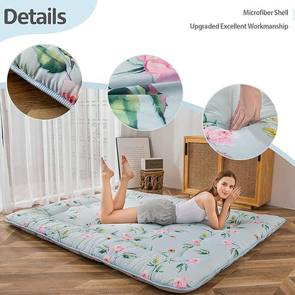 MAXYOYO Japanese Futon Mattress Floor Mattress Sleeping Pad Foldable Bed Roll Up Camping Cushion Floor Lounger Bed Couches and Sofas Couch Topper, Green Floral, Queen Size
