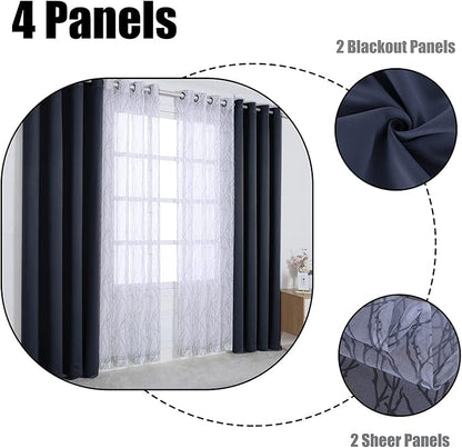 BONZER Mix and Match Curtains - 2 Pieces Branch Print Sheer Curtains and 2 Pieces Blackout Curtains for Bedroom Living Room Grommet Window Drapes, 37x95 Inch/Panel, Grey Dark, Set of 4 Panels
