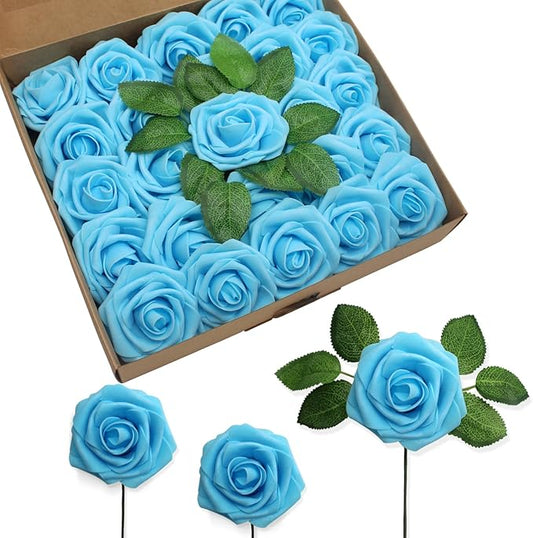 JOYLEX Artificial Flowers Realistic Roses, Real Looking Fake Roses with Stem for DIY Wedding Bouquets Centerpieces Bridal Shower Party Home Romantic Decorations (Light Blue, Regular 3" - 200pcs)