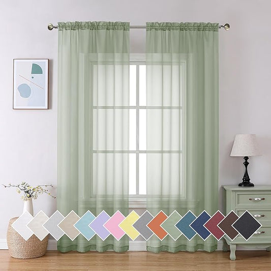 Aiyufeng Sage Green Sheer Curtains 90 Inch Length 2 PCS, Rod Pocket Voile Drapes for Bedroom Living Room, Semi Sheer Curtain Panels Window Treatments for Yard/Patio/Villa/Parlor, 42"x 90", Sage Green