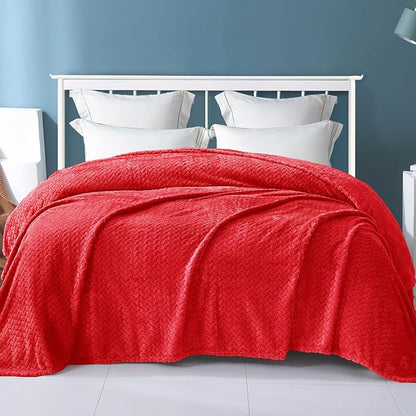 Exclusivo Mezcla Fleece Twin Size Blanket for Bed, 90x66 Inches Soft Cozy Jacquard Flannel Blankets, Lightweight Fuzzy Plush Warm for Winter, Red