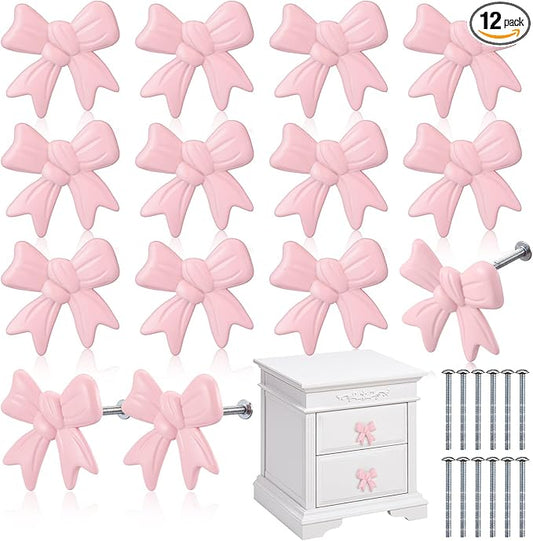 12 Pcs Bow Knobs for Dresser Matel Bow Drawer Knobs Vintage Dresser Handles Cabinet Drawer Pulls for Home Bedroom Kitchen Cabinets Hardware Cupboard (Pink,Fashion Style)