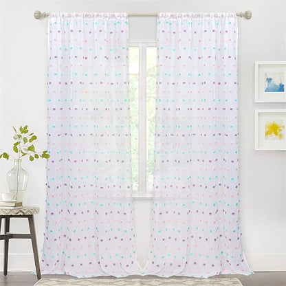 MYSKY HOME Large Curtains Rainbow Pom Pom White Sheer Curtains for Living Room Colorful White Sheer Curtains Sliding Door 108 Inch Long Light Filtering Rod Pocket Window Panels 52 x 108 inch 2 Pieces