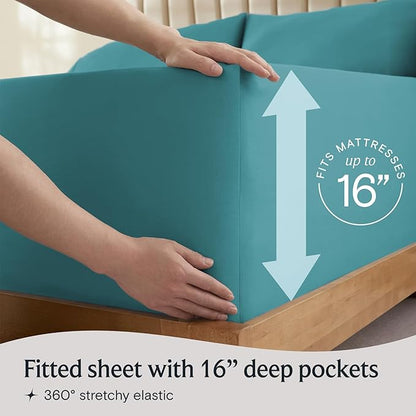 LuxClub 5 PC Split King Sheet Set, Breathable Luxury Bed Sheets, Deep Pockets Wrinkle Free Cooling Sheets Machine Washable Hotel Bedding Silky Soft - Teal Split King