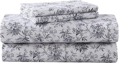 Laura Ashley - Flannel Sheets Queen Size, Anti-Pilling & Wrinkle Resistant Cotton, Touchably Soft for All-Season Comfort - Bed Sheets with Matching Pillowcases & Fitted Sheet (Faye Toile Black)