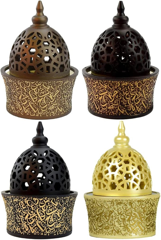 Intense Oud Calligraphy Style Closed Incense Burner – 8 Inch Tall Arabian Bakhoor Burner with Metal Tray, Frankincense Resin Burner for Home & Office Decor – (Xtra Value Pack)