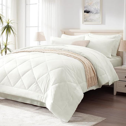 Love's cabin Twin Comforter Set Ivory, 5 Pieces Twin Bed in a Bag, All Season Bedding Sets with 1 Comforter, 1 Flat Sheet, 1 Fitted Sheet, 1 Pillowcase and 1 Pillow Sham