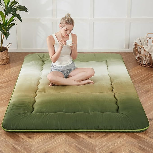 Japanese Floor Mattress, Futon Mattress with Portable Storage Bag and Washable Cover, Roll Up Thick Tatami Mat Suitable for Camping, Guest Room (Forest Gradient, Queen)