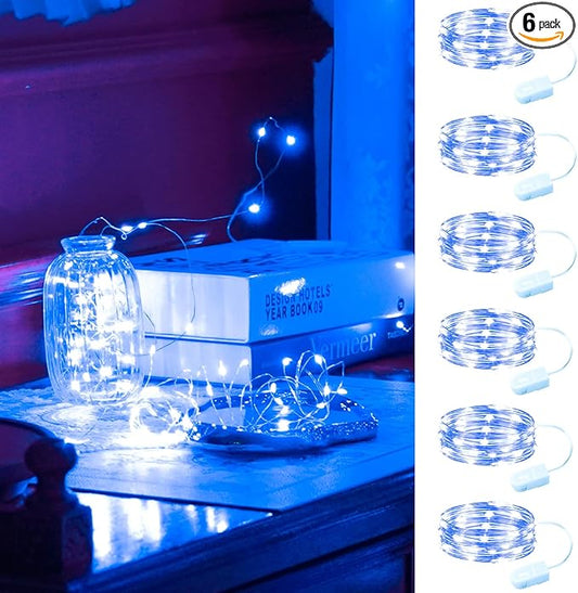 HXWEIYE 6 Pack Blue Fairy Lights Battery Operated, 7ft 20LED Mini Mason Jar Fairy String Lights, Waterproof Firefly Starry Light for DIY Wedding Party Bedroom Patio Christmas Décor