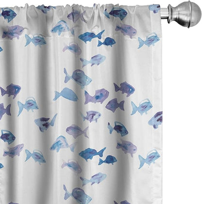Ambesonne Animal Window Curtains, Little Fishes Watercolors Ocean Underwater Life Marine Theme Art, Lightweight Decor 2-Panel Set with Rod Pocket, Pair of - 28" x 95", Blue
