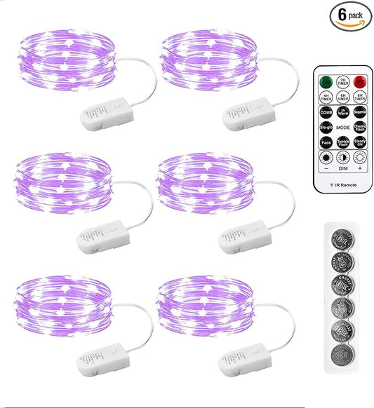 6PCS Purple Fairy Lights Battery Powered with Timer, 7ft 20LEDs Twinkle Mini Lights with Remote,Waterproof Small Silver Wire Firefly Starry for DIY Wedding Party Christmas