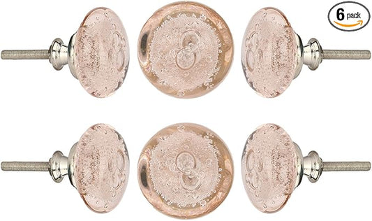 Perilla Home Set of 6 Knobs - Decorative Pink Crystal Knobs - Premium Glass Knobs for Cabinet, Drawers, Dresser, Home Decore Kitchen, Hardware Cupboard Glass Door Wardrobe and Drawer Pulls Handles