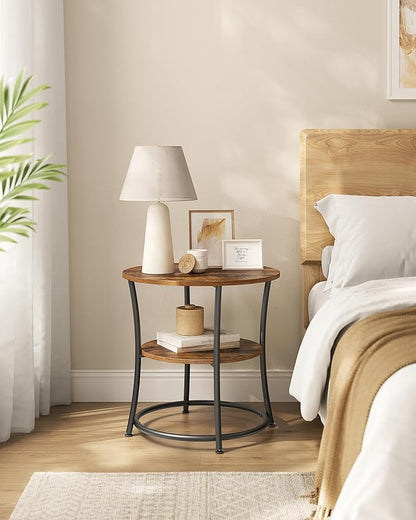 VASAGLE Side Table, 2-Tier Round End Table, Nightstand with Steel Frame for Small Spaces, Living Room, Bedroom, Rustic Brown and Ink Black