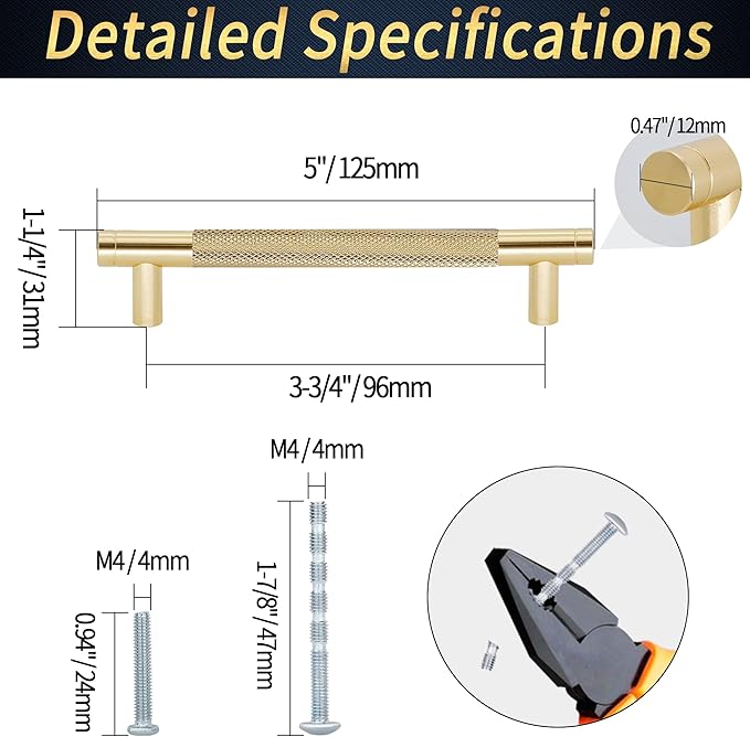 Knurled Cabinet Pulls 12 Pack, 5 Inch Long Cabinet Handles Metal Door Pulls, Kitchen Drawer Pull Knurled Dresser Handles - 3 3/4" Hole to Hole, Golden