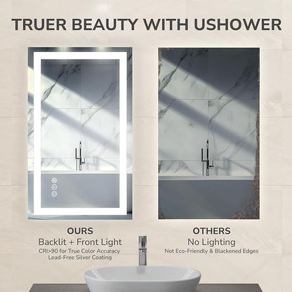 USHOWER LED Bathroom Mirror 20x28 Inch with Lights - Frameless Tempered Glass LED Backlit Lighted Mirror for Bathroom Vanity with Anti-Fog, 3 Colors Dimmable, Memory Function, Wall-Mounted