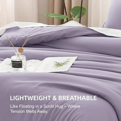 Litanika Grayish Lavender Purple Comforter Set Full Size, 3 Pieces Lightweight Solid Bedding Comforter Set, All Season Fluffy Bed Set (79x90In Comforter & 2 Pillowcases)
