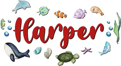Custom Nursery Name Sign with Themed Decor Kit | Personalized Wooden Wall Art for Baby, Kids Room | Space, Jungle, Circus, Under the Sea, Woodland, Rainbow (10", Under the Sea)