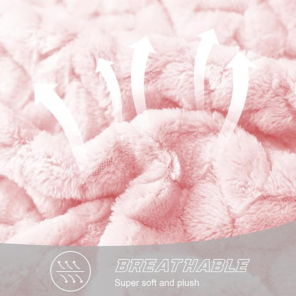 Exclusivo Mezcla Fleece Queen Size Blanket for Bed, 90x90 Inches Soft Cozy Jacquard Flannel Blankets, Lightweight Fuzzy Plush Warm for Winter, Light Pink