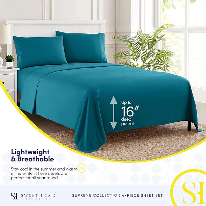 Queen Size Bed Sheets - Breathable Luxury Sheets with Full Elastic & Secure Corner Straps Built In - 1800 Supreme Collection Extra Soft Deep Pocket Bedding Set, Sheet Set, Queen, Teal