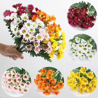 Artificial Mums for Outdoors, Faux Sunset Mum Flowers Planters for Indoor Outside Decor, Fake Look Real, Vibrant, UV Resistant, Waterproof, Windproof (Wine, 5 Bundle)