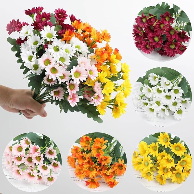 Artificial Mums for Outdoors, Faux Sunset Mum Flowers Planters for Indoor Outside Decor, Fake Look Real, Vibrant, UV Resistant, Waterproof, Windproof (1Mix, 10 Bundle)