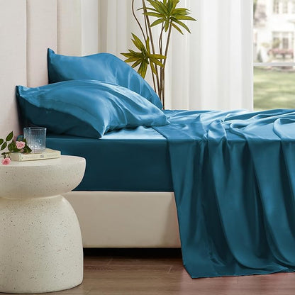 Love's cabin Full Size Satin Sheet Sets - 4 Piece Teal Silky Satin Sheet Set Full with Deep Pocket, Luxury Silk Feel Satin Bed Sheets Full Bedding Set (1 Flat Sheet,1 Fitted Sheet,2 Pillow Cases)