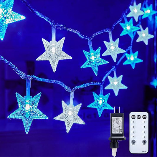 Minetom Blue and White Star String Lights Plug in - 33 ft 100 LED Star Fairy String Lights with Remote and Timer, 8 Modes Waterproof for Tent Loft Bed Backyard Patio Balcony Staircase