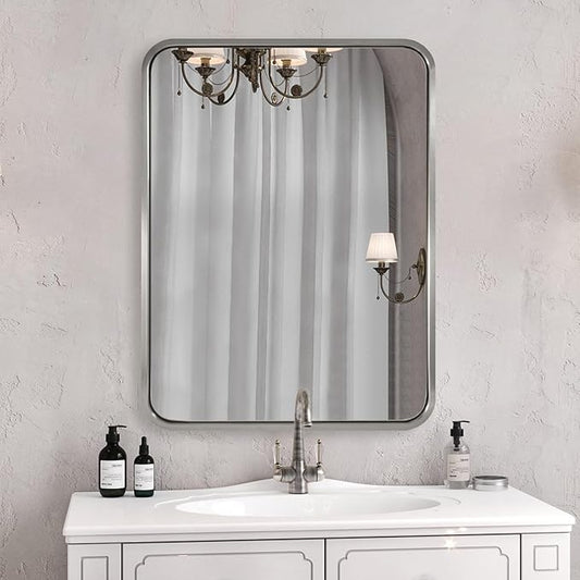 ANDY STAR 28x36 INCH Brushed Nickel Mirror, Rounded Rectangle Brushed Silver Metal Framed Mirrors for Bathroom Anti-Rust SUS304, Tube Metal Frame, 1’’ Deep Wall Mounted Vertically/Horizontal